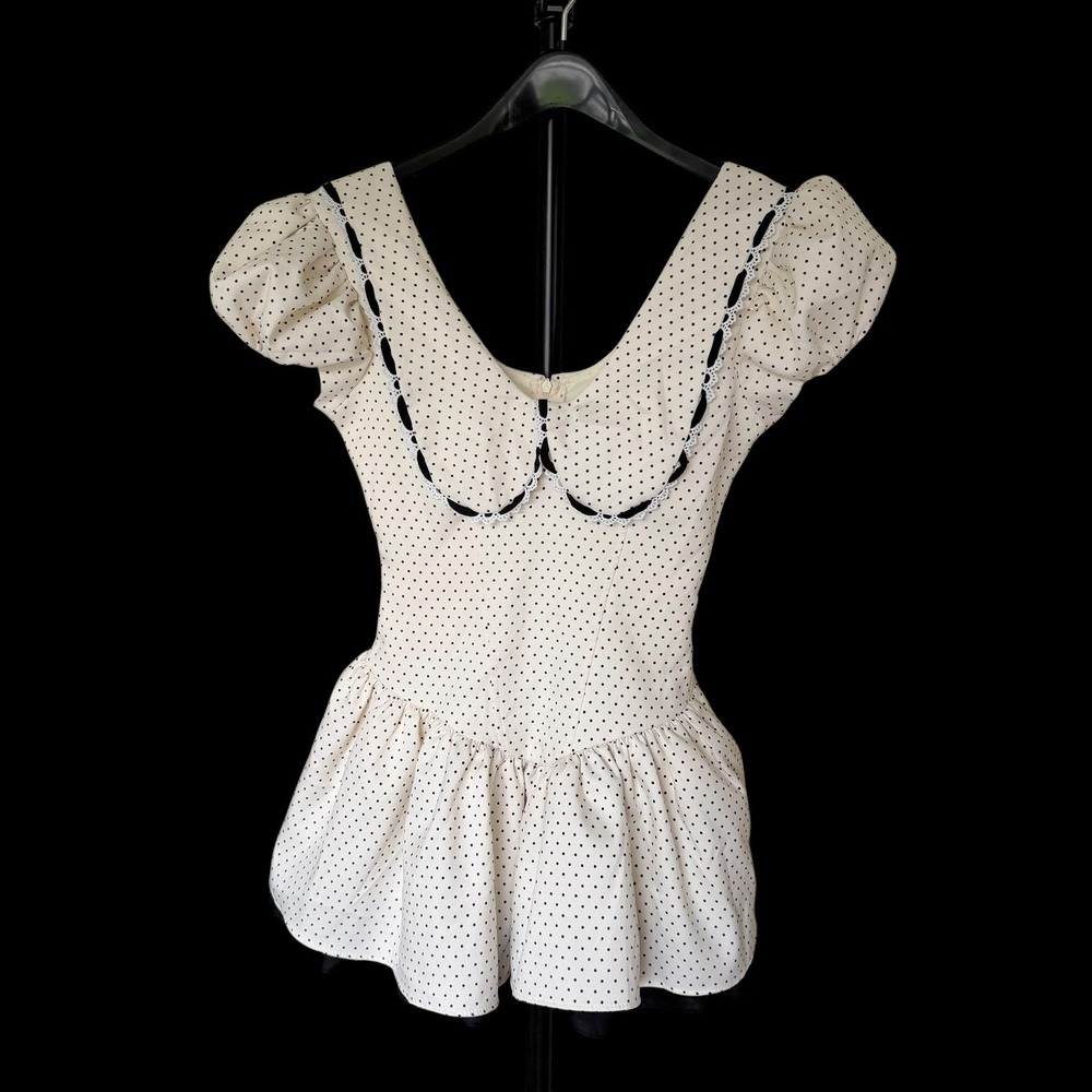 Handmade Polka Dot Peplum Top Peter Pan Collar‎ Lace Trim Puffy Sleeve